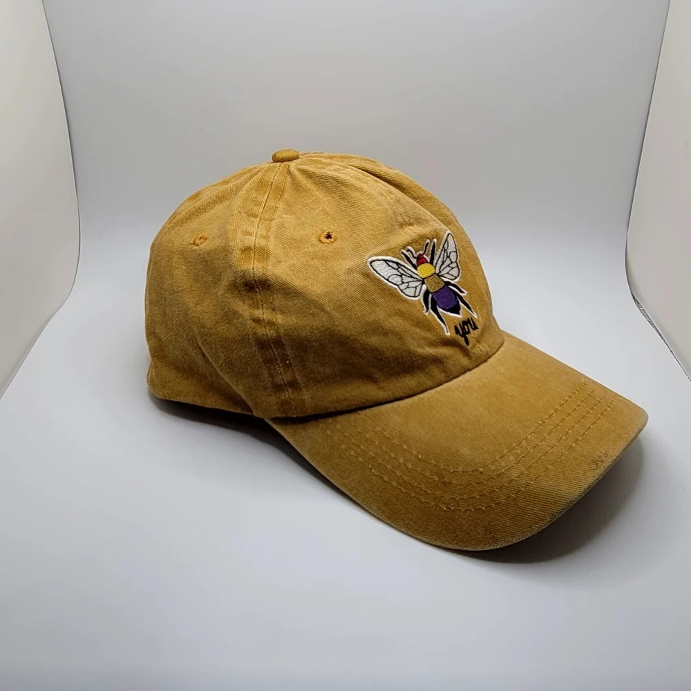 Bee Embroidered Cotton Baseball Cap Mustard Yellow Adjustable Hat